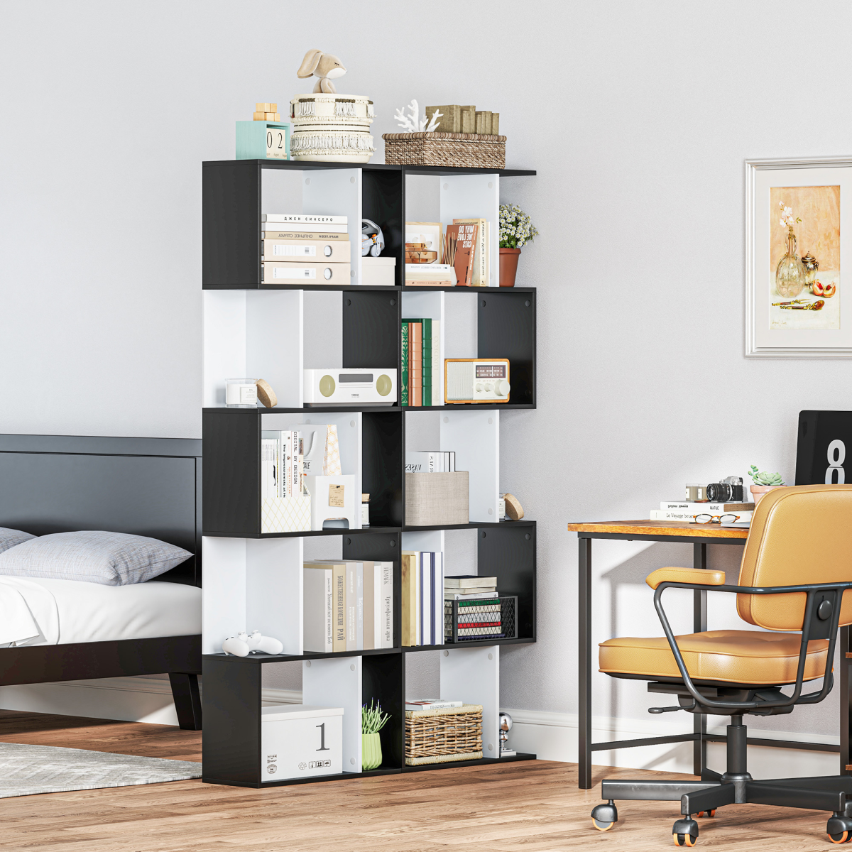 5-tier Bookcase Storage Display Shelving S Shape design Unit Divider Black