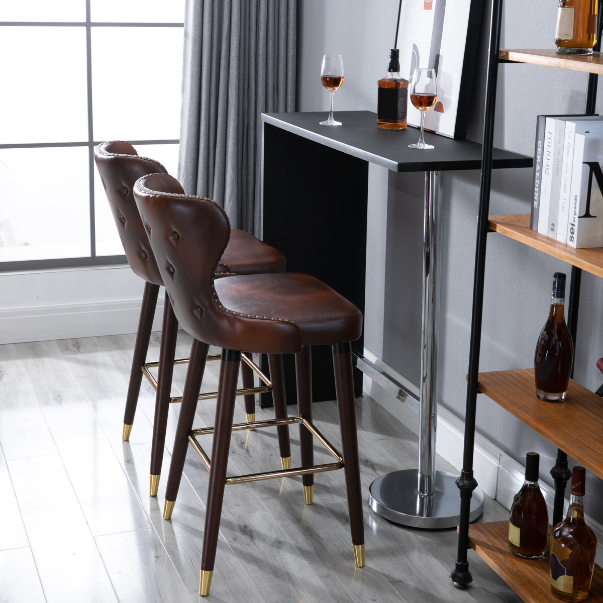 2 Pieces Home Luxury Bar Chair Stool, PU Leather European Style, Brown