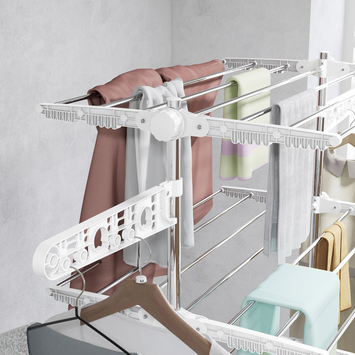 4 Layers Folding Cloth Hanger Stand Rail W/Wheels-White/Silver