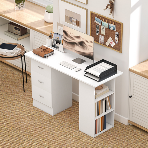 HOMCOM 120cm Computer Desk PC Table Workstation w/ 3 Shelf & Drawers White