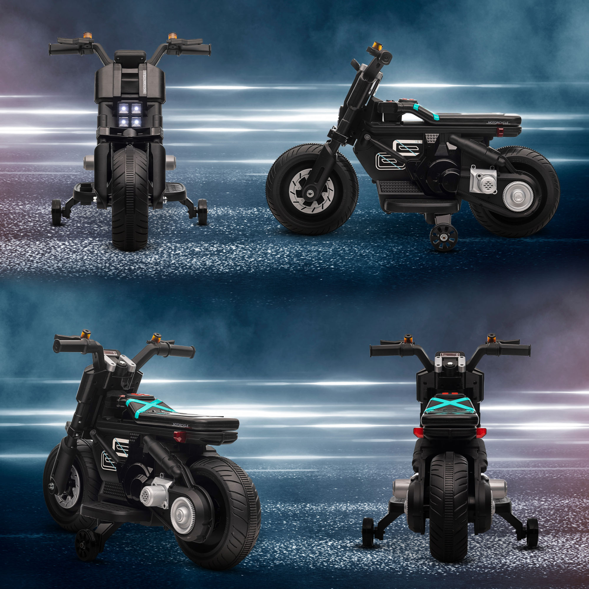 6V Kids Electric Motorbike w/ Training Wheels, for 3-5 Years - Black