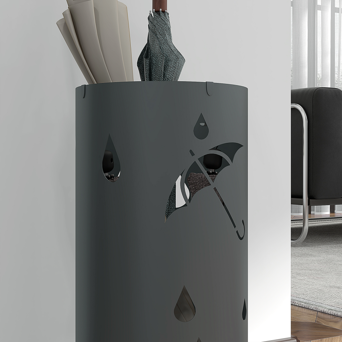 HOMCOM Metal Umbrella Stand, Hollowed Umbrella Basket with 4 Hooks and Drip Tray