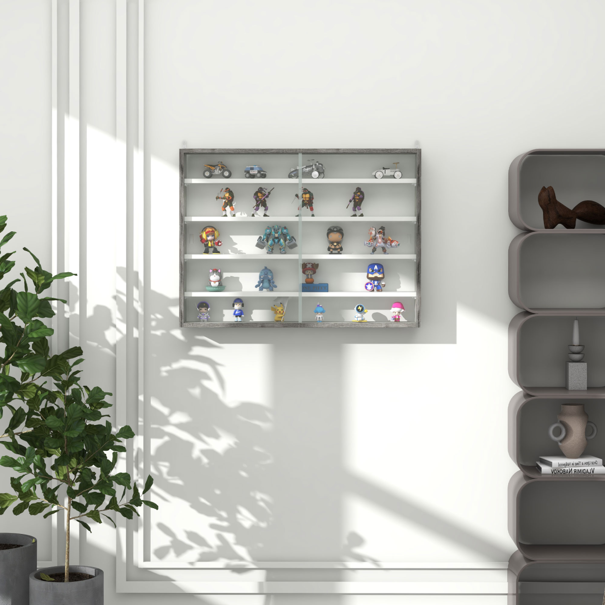 HOMCOM 5-Tier Wall Display Shelf Unit Cabinet w/ Shelves Glass Doors Grey Wood