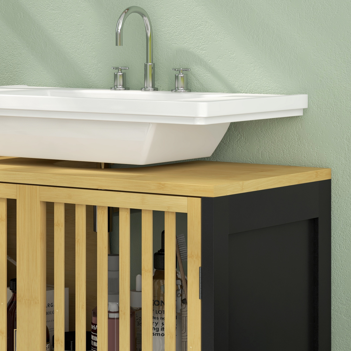 HOMCOM Under Sink Bathroom Cabinet, Bamboo Sink Storage Cabinet Slat Doors
