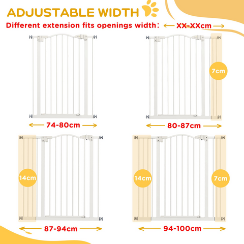 PawHut 74-100cm Adjustable Metal Pet Gate Safety Barrier w/Auto-Close Door White