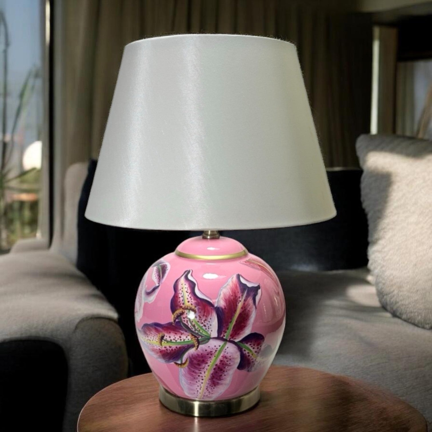 AcaciaHome Durable 40cm Floral Ceramic Table Lamp with White Drum Shade, Decorative Oriental Pattern Bedside Lamp, Modern Floral Design for Living Room, Bedroom, Dining Room & Study
