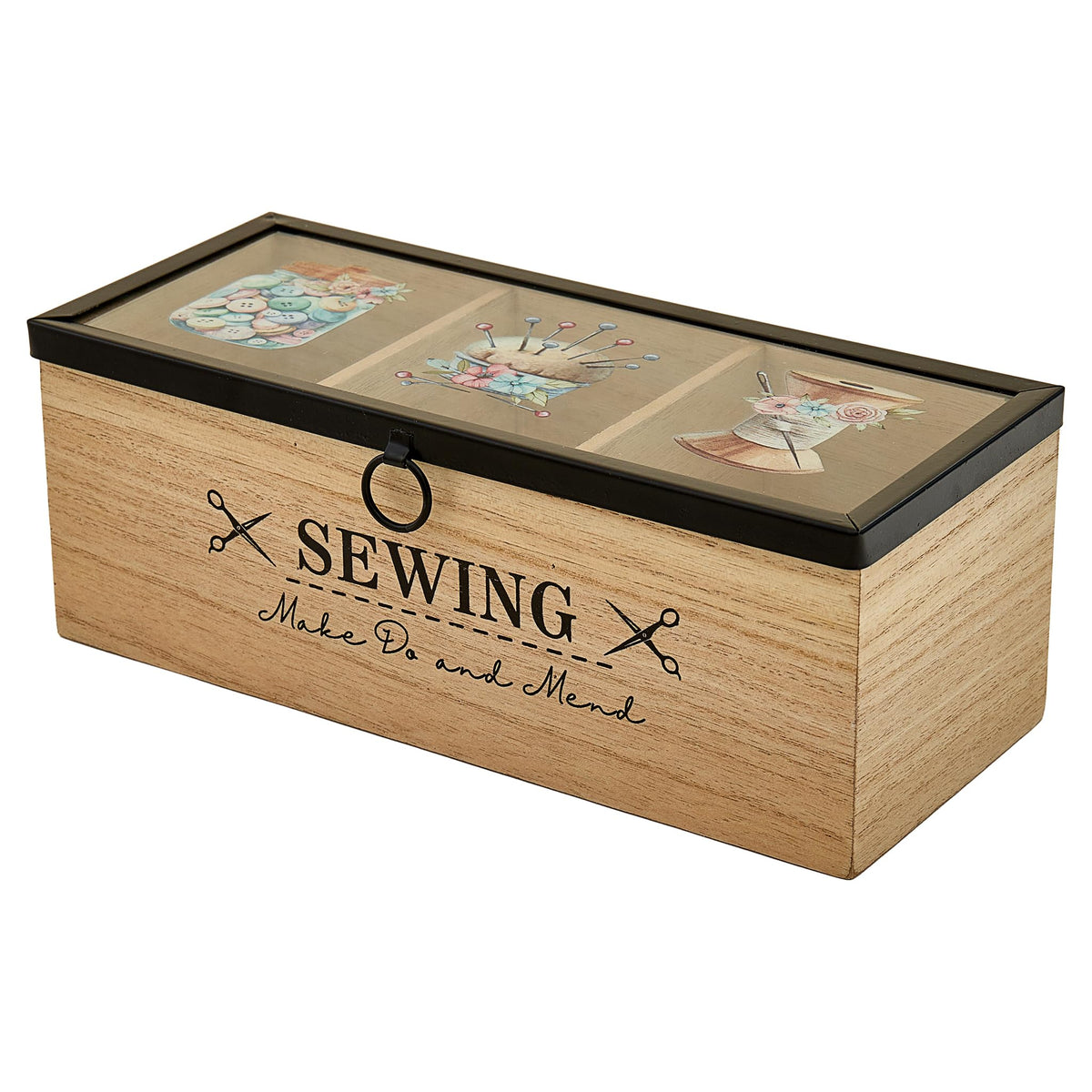 Trimits Wooden Sewing Box 24 x 10 x 9cm - Sewing Kit Box Craft Organiser with Clear Acrylic Lid and 3 Compartments