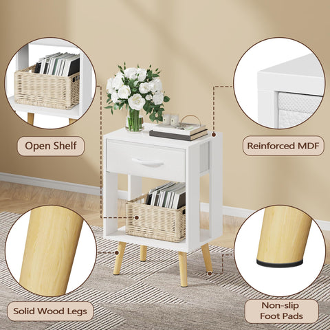 OYRREU White Bedside Table Set of 2 with Drawers & Open Shelf for Bedroom
