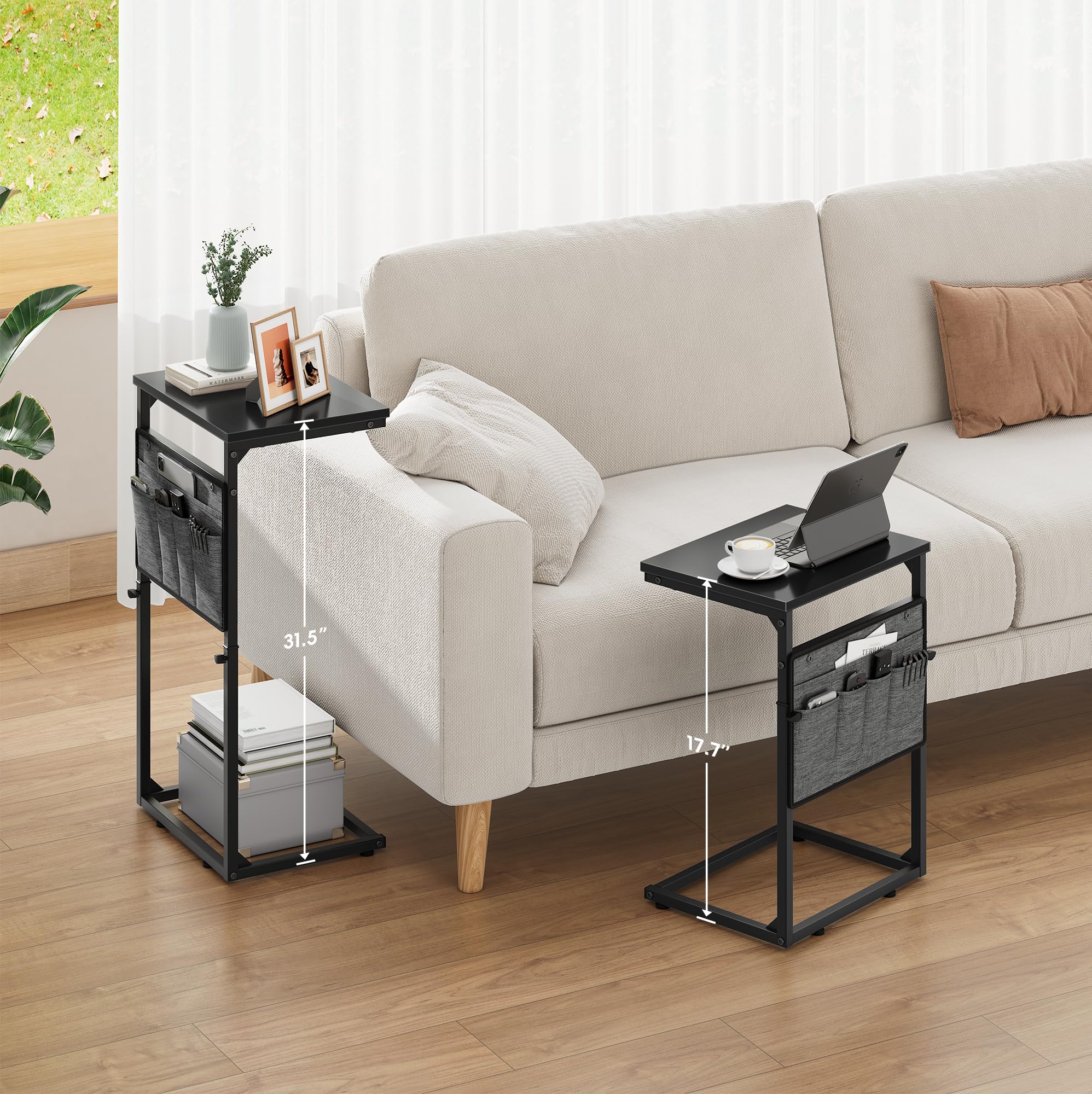 Vagusicc C-Shaped Side Table, Height Adjustable Sofa Side Table, Bedside Table with Cloth Storage Bag, C Table, End Table for Small Spaces