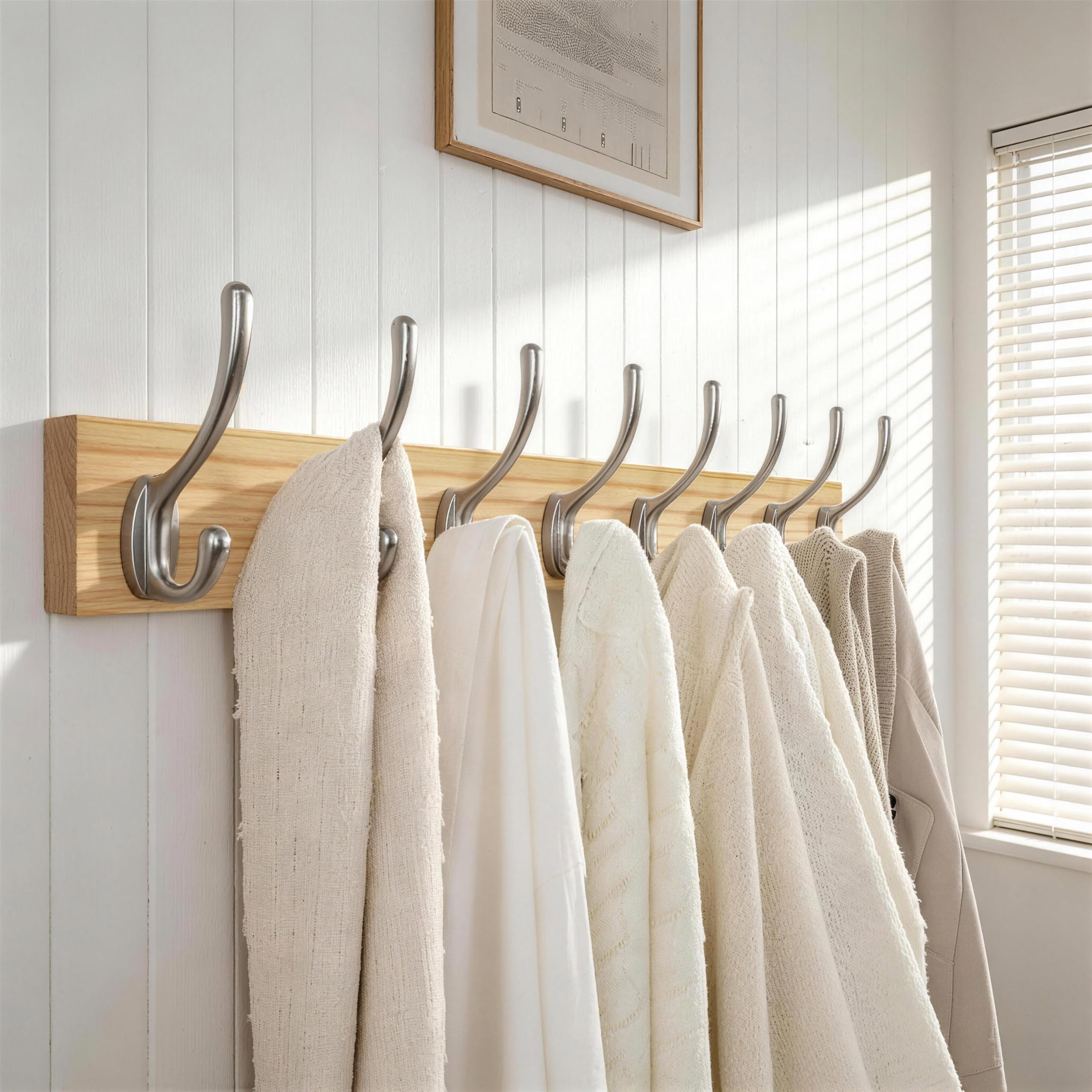 HONSKY Wall Coat Rack - 8 Double Hooks (56cm) | Wooden & Metal Towel/Coat Hanger for Entryway, Bathroom, Bedroom, Garage | Easy Install