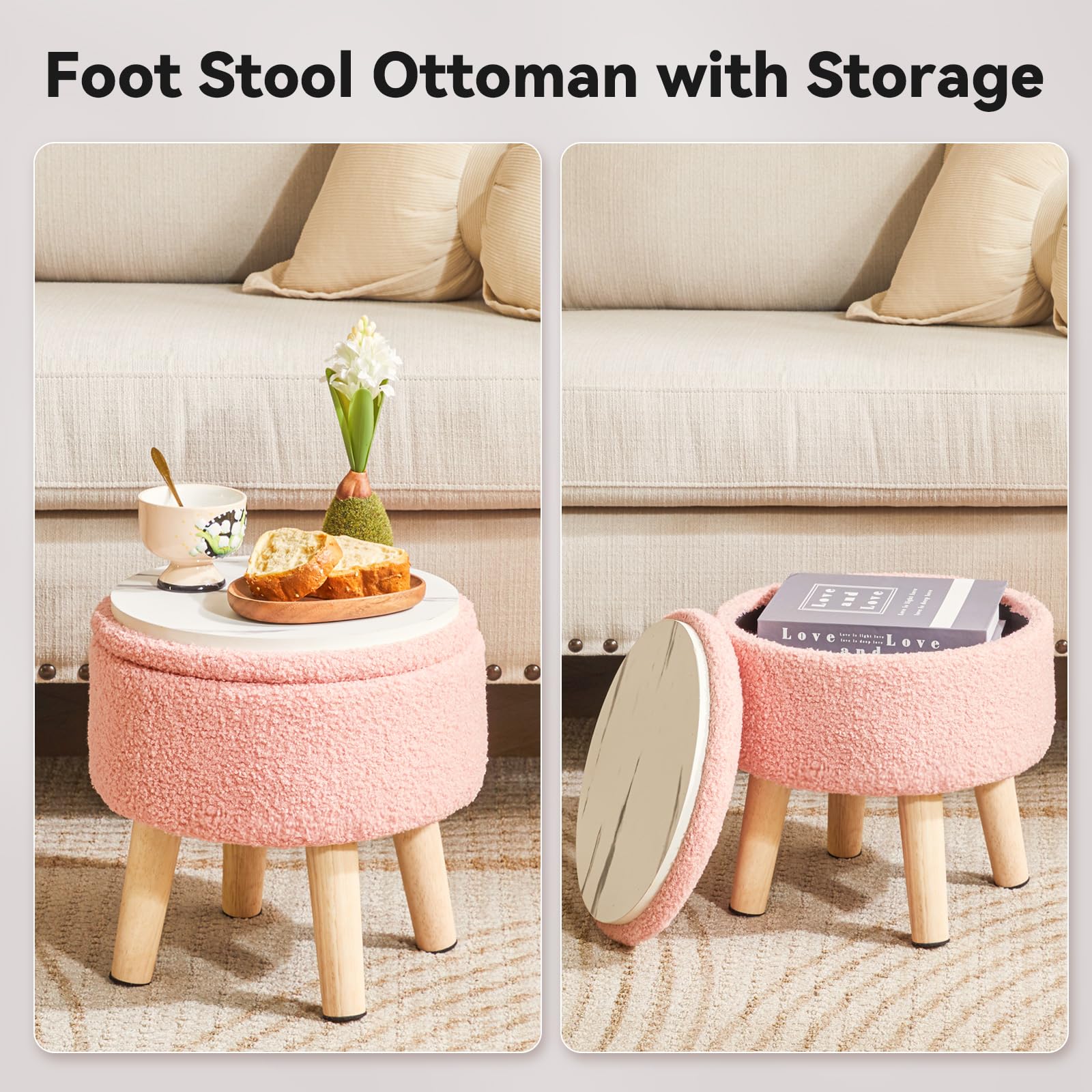 IBUYKE 13 Inch Small Footstool Ottoman with Storage, Round Pouffe Foot Rest with Padded Seat and Wood Legs