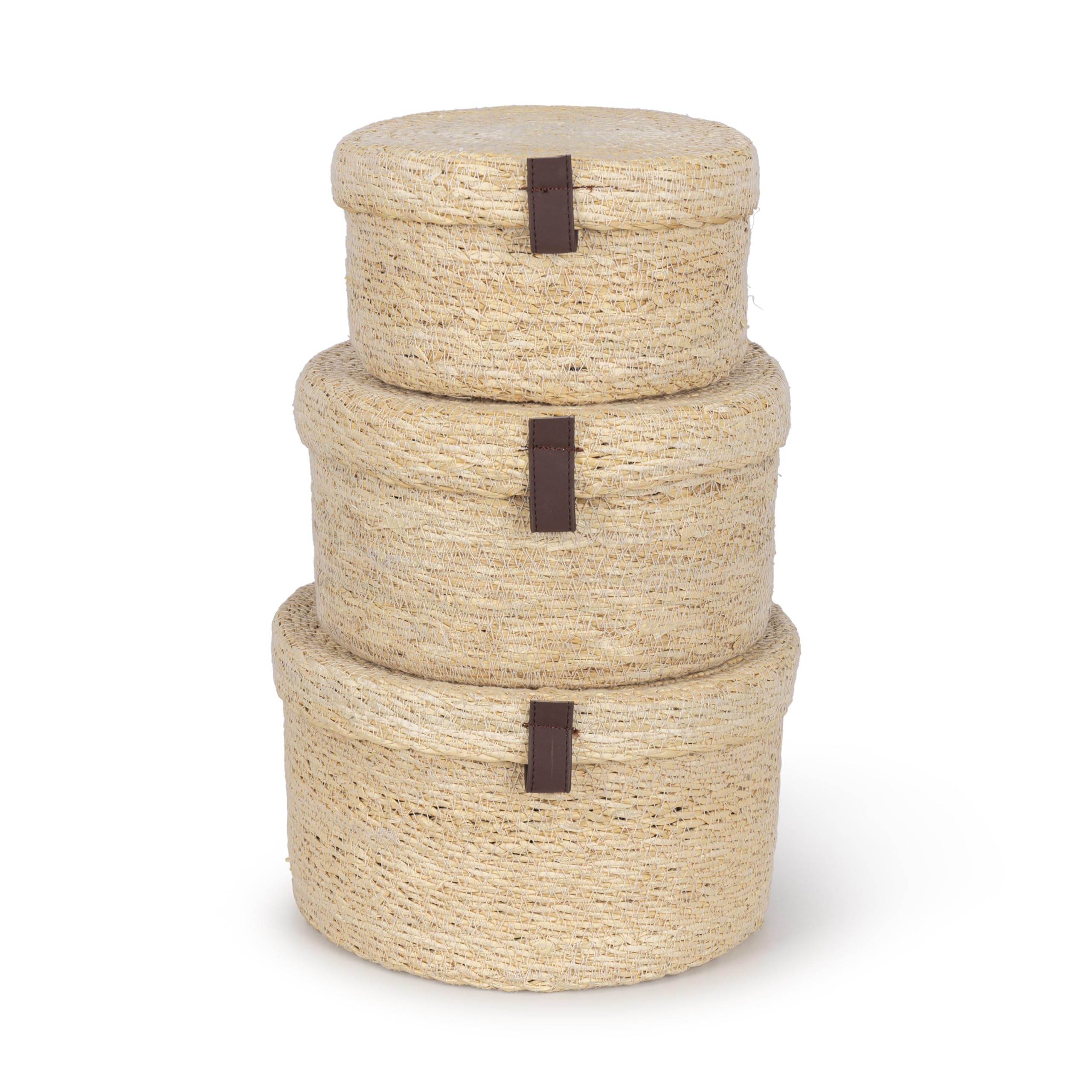 Olly & Rose Set 3 Natural Seagrass Storage Baskets with Lids - Bleached Off-White - Durable 25,22,19cm Premium Home Decor