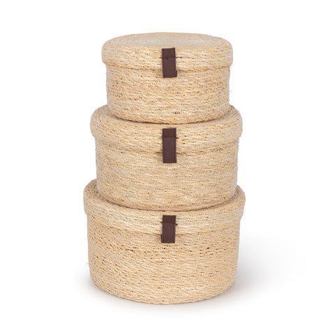 Olly & Rose Set 3 Natural Seagrass Storage Baskets with Lids - Bleached Off-White - Durable 25,22,19cm Premium Home Decor