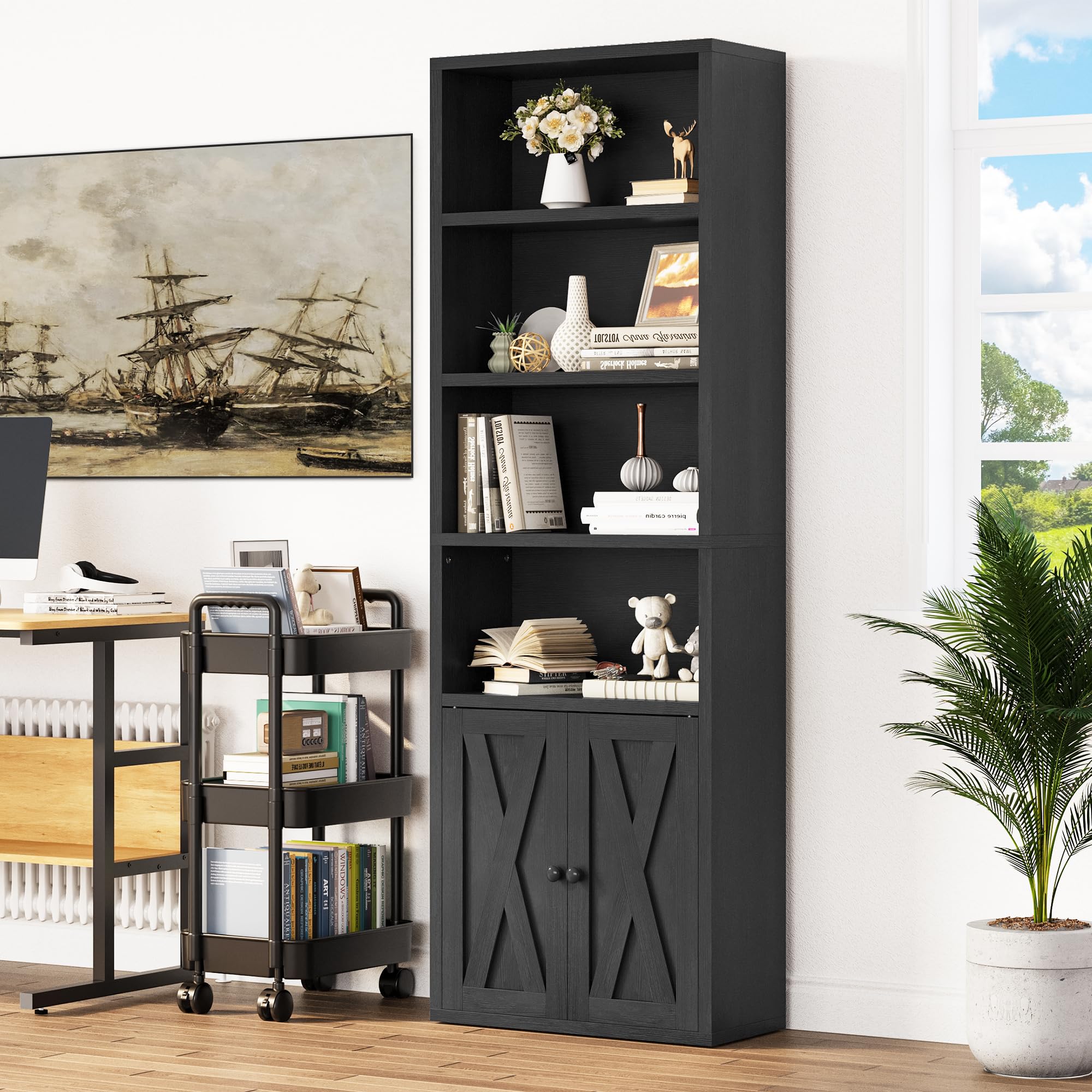 YITAHOME Bookcase, Floorstanding Bookshelves with Cupboard Industrial Shelves Storage Rack Wooden Cube Shelf Tall Storage Cabinet for Living Room