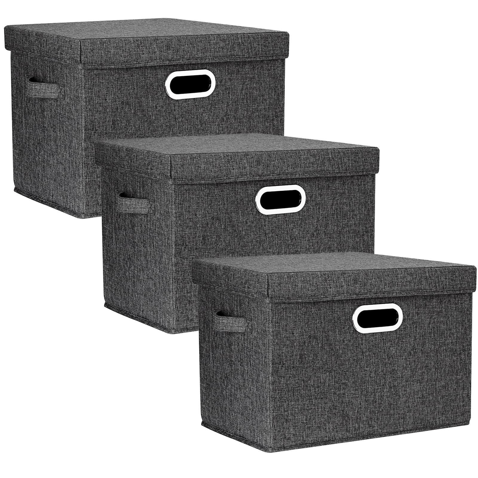 TYEERS Large Storage Box with Lid, Collapsible, Washable, Fabric Storage Box for Clothes, Wardrobe Storage, 44x30x29 cm, Set of 3, Black
