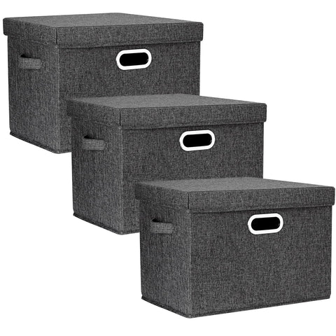 TYEERS Large Storage Box with Lid, Collapsible, Washable, Fabric Storage Box for Clothes, Wardrobe Storage, 44x30x29 cm, Set of 3, Black