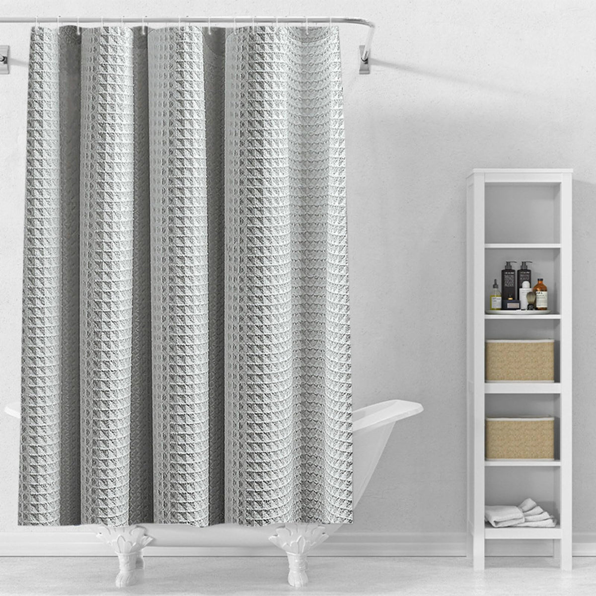 Stfery Waffle Shower Curtain, Grey Shower Curtain, 100 x 180 cm, Fabric Washable Shower Curtain, Washable, Anti-Mould