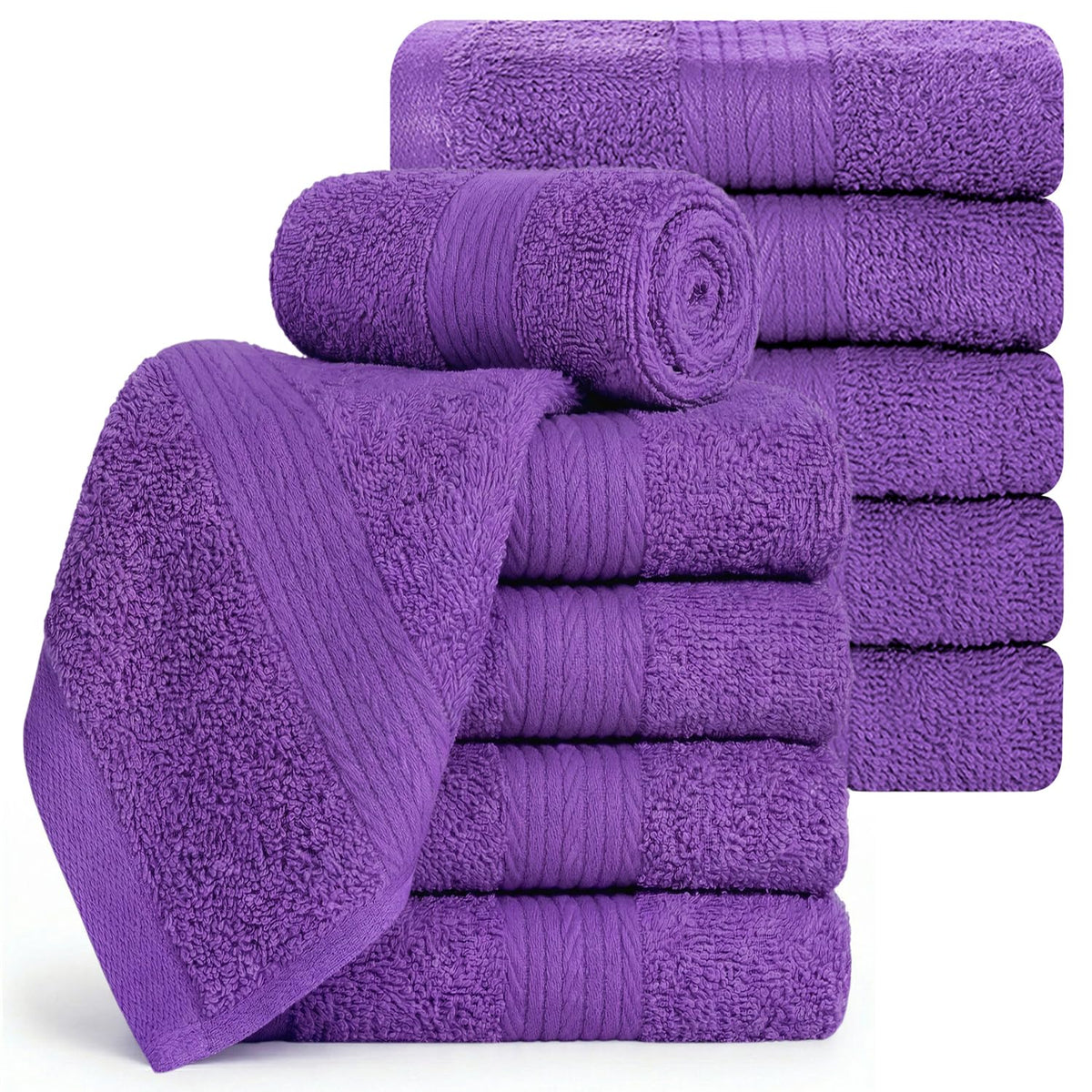 Ample Decor Cotton Washcloths Set 10, 30 X 30 cm, 100% Cotton Premium Quality Flannel Face Cloths, Highly Absorbent Fingertip Towels - Purple