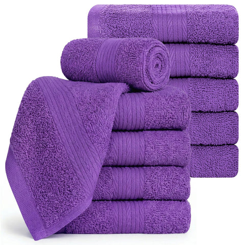 Ample Decor Cotton Washcloths Set 10, 30 X 30 cm, 100% Cotton Premium Quality Flannel Face Cloths, Highly Absorbent Fingertip Towels - Purple
