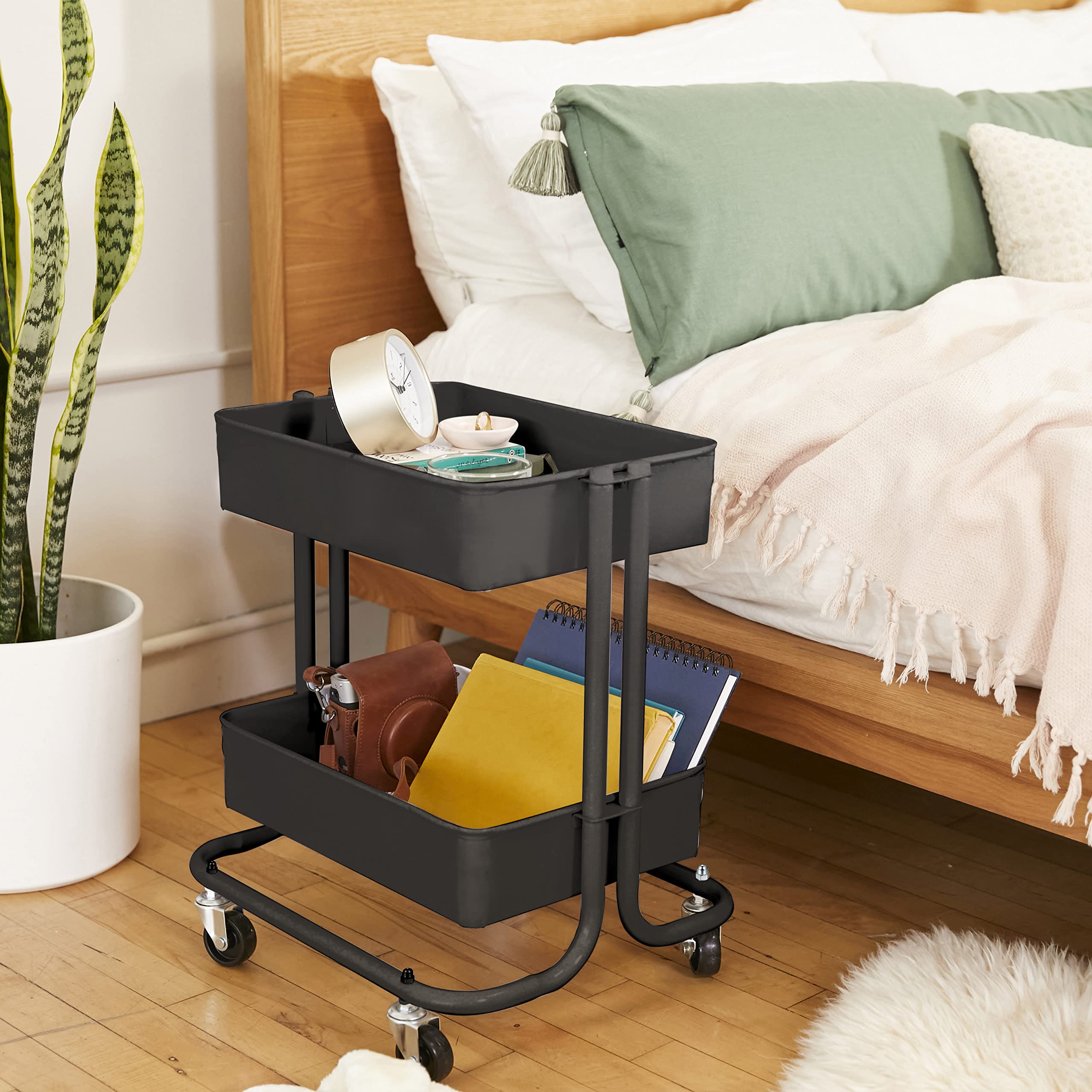 ECR4Kids 2-Tier Metal Rolling Utility Cart - Under Desk Office Storage, Multipurpose Mobile Organizer, Black