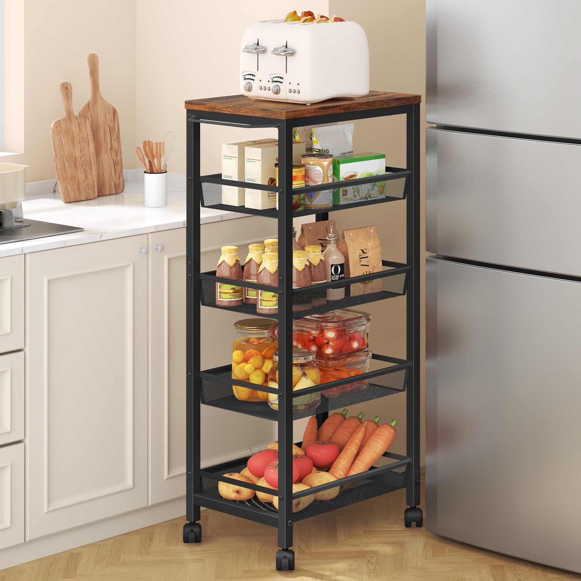 Hoctieon Slim Rolling Storage Cart, 5-Tier Narrow Kitchen Storage Cart with Handle & Wheels, Mobile Shelving Unit, Wooden Top & Metal Frame