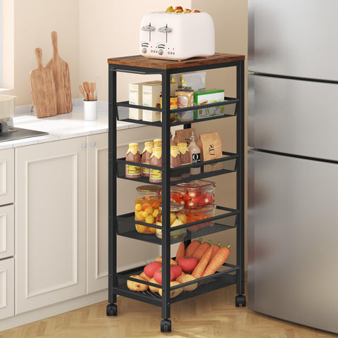 Hoctieon Slim Rolling Storage Cart, 5-Tier Narrow Kitchen Storage Cart with Handle & Wheels, Mobile Shelving Unit, Wooden Top & Metal Frame