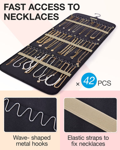 bagsmart Dual-sided Jewelry Organizer Hanging with Metal Hooks,32 Pockets and 3 Wave-Shaped Hooks,Jewelry Roll for Earrings,Necklaces,Rings on