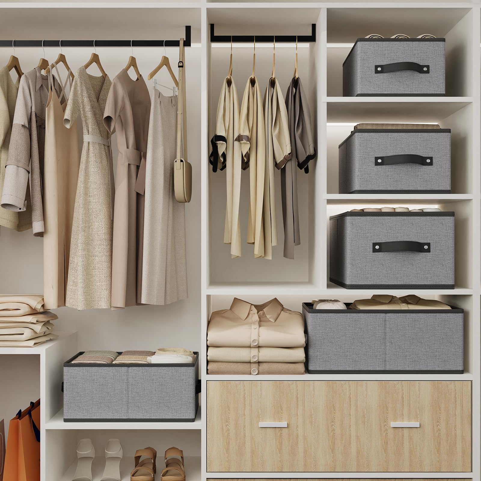 YheenLf Storage Baskets with Handles,Gray Bins, 33×23×14cm, 4-Pack