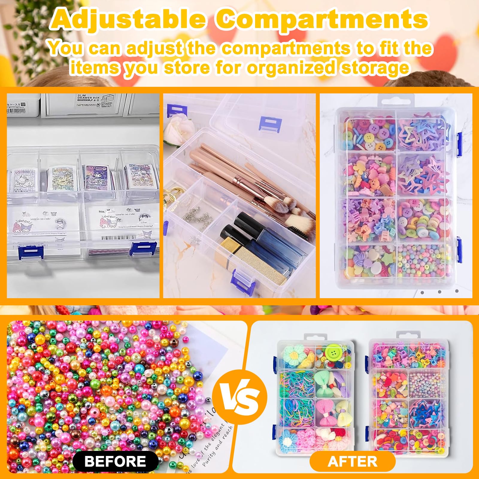 3 Pcs Plastic Storage Boxes with Lid, Organiser with 8 Grids Adjustable Dividers, Jewellery Organizer Box