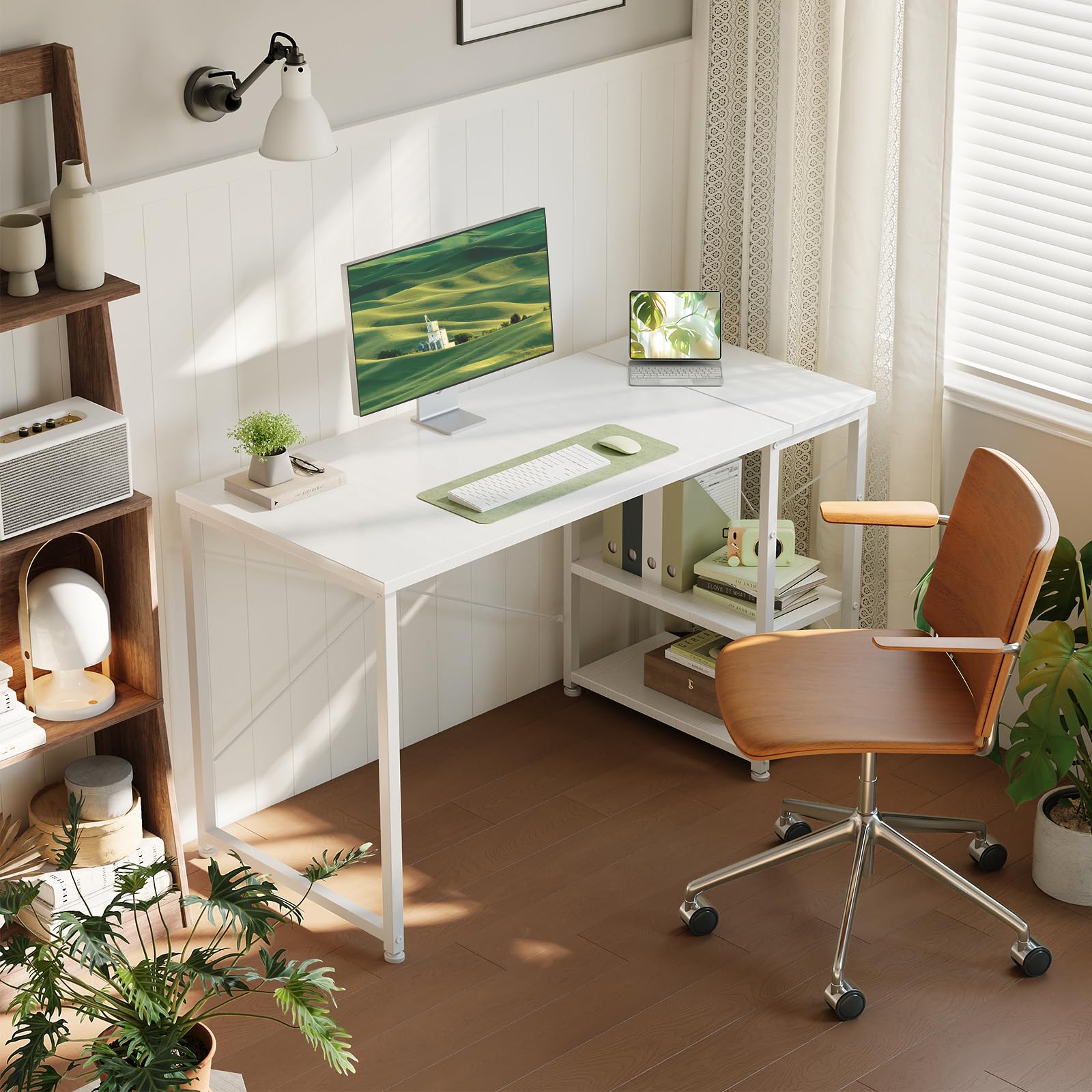 ODK Desk with Storage Shelves, Small Computer Desk, 120 x 48 cm, White