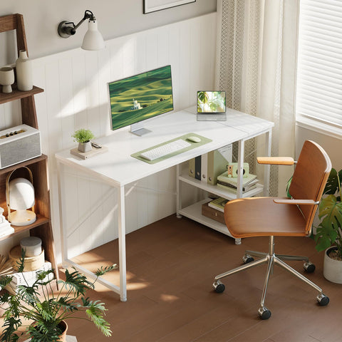 ODK Desk with Storage Shelves, Small Computer Desk, 120 x 48 cm, White