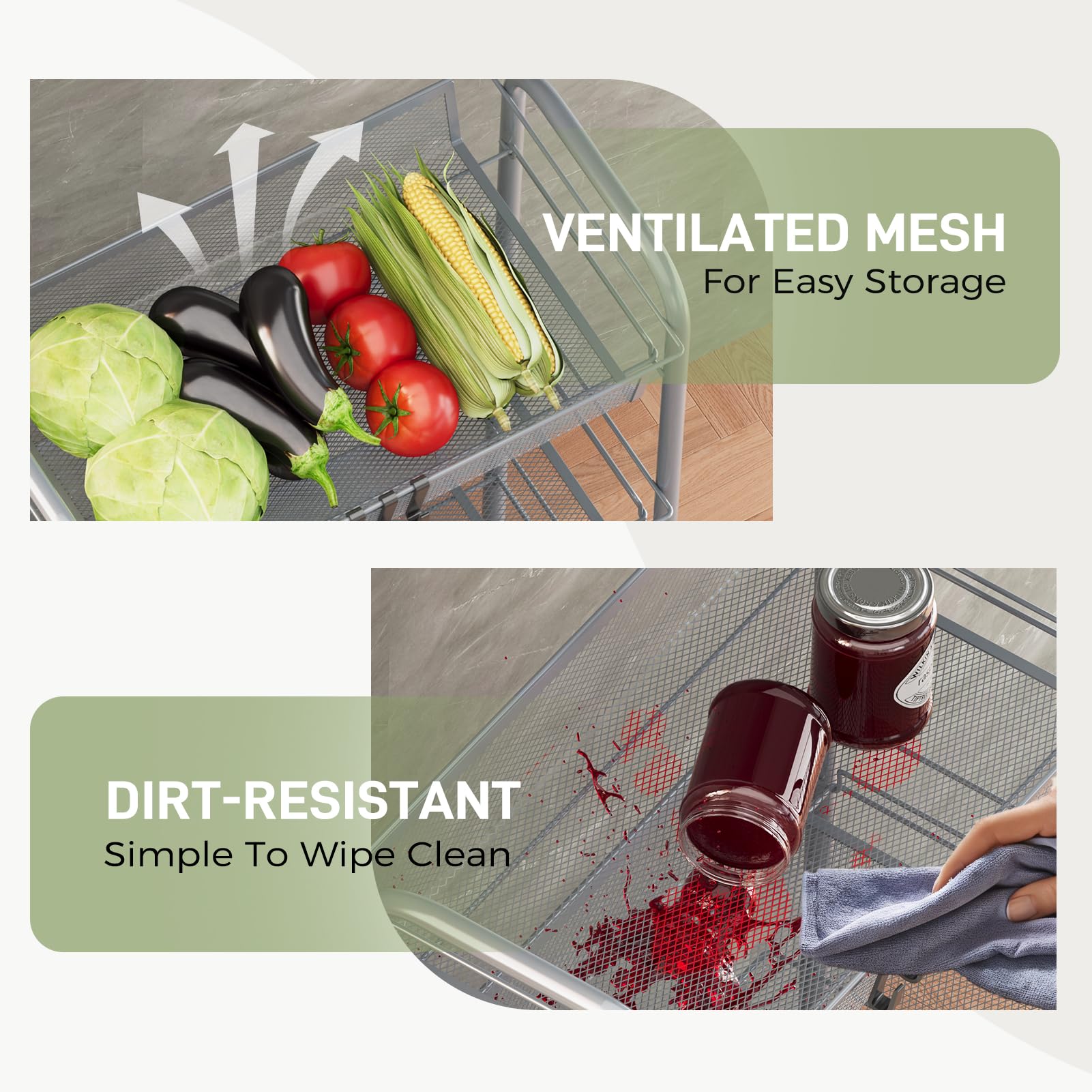 WELDUN 4-Tier Storage Trolley, Meatl Rolling Cart, Mesh Storage Cart Gray