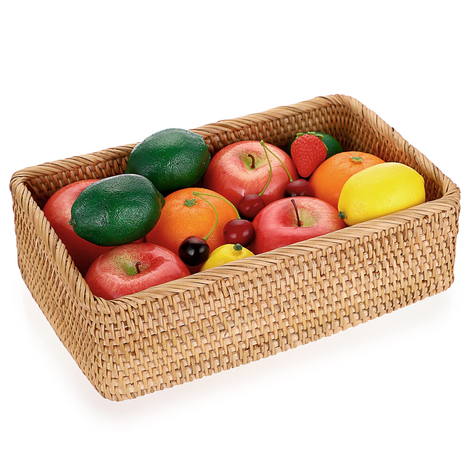 IGNPION Rectangle Rattan Woven Fruit Basket Wicker Food Tray Storage Holder Home Bathroom Kitchen Storage Basket