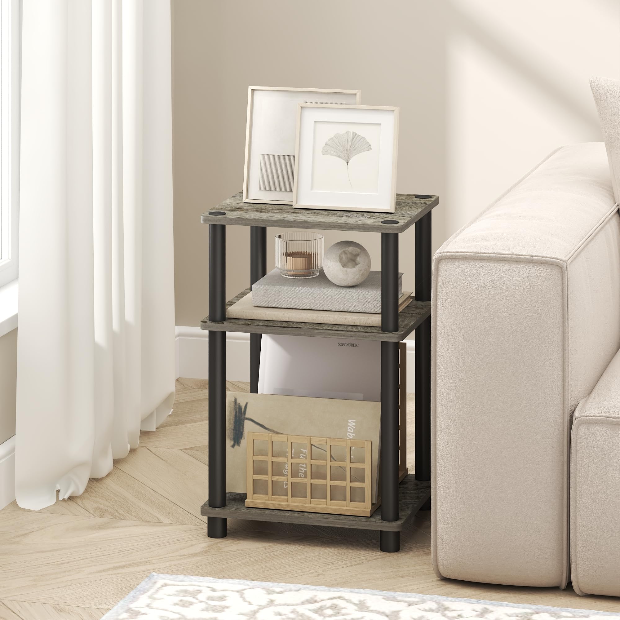 Furinno TURN-N-TUBE Side Table, 3-Tier End Table, Night Stand, Bedside Table, for Living Room, Bedroom, Grey Oak