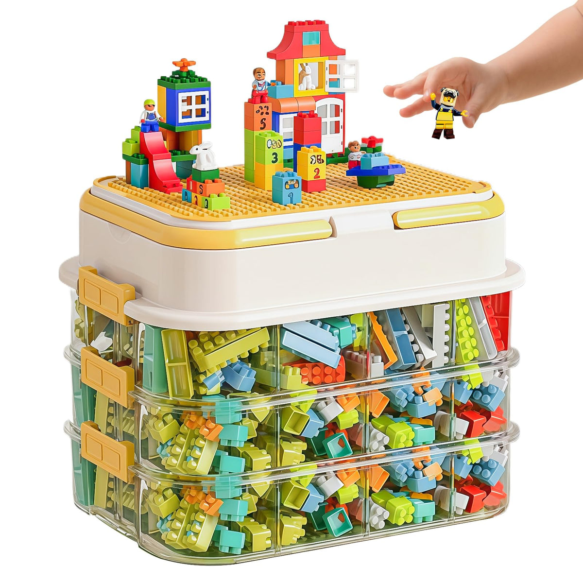 Focenat Stackable Brick Storage Box with Puzzle Compartments, 3 Tier Clear Plastic Container with Lids