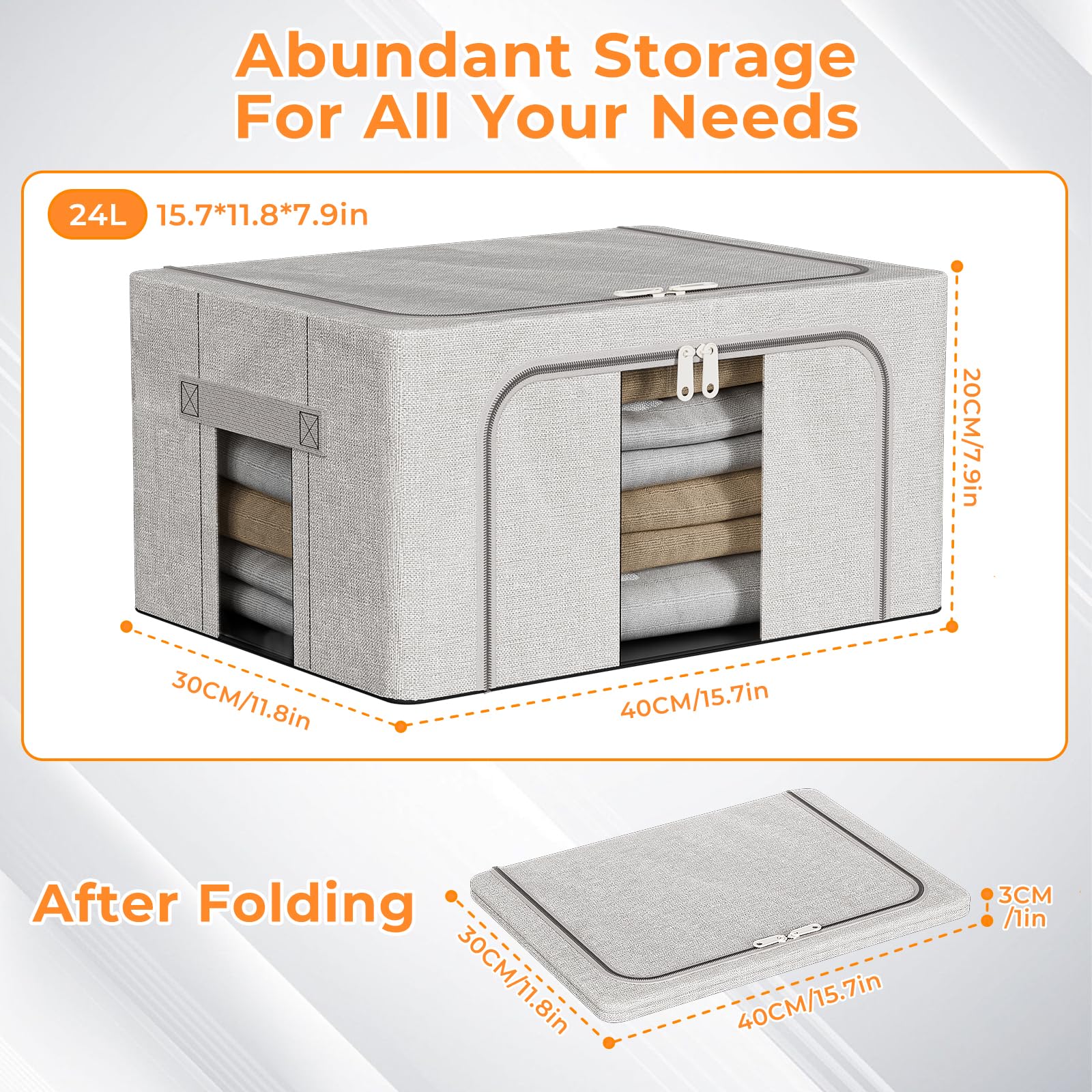 Boic 3 Pack Clothes Storage Boxes, 24L Clothes Organiser With Metal Frame, Foldable Clothes Storage Bag
