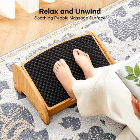 HUANUO Bamboo Under Desk Footrest, Ergonomic Foot Rest with 4 Height Options & Adjustable Angles, Pebble Massage Surface