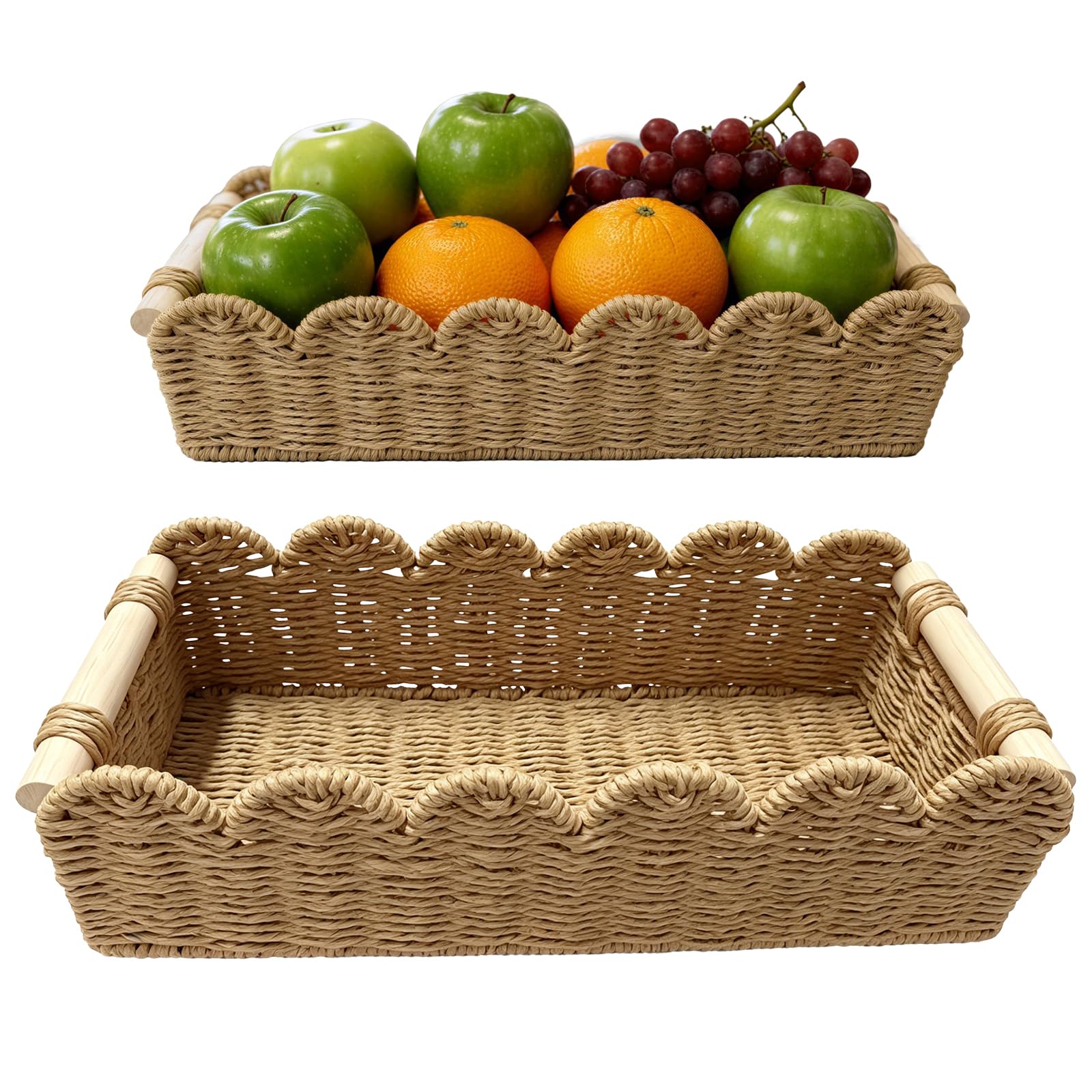 2 PCS Beige Paper Rope Storage Basket Set, Hand-Woven Scalloped Woven Organizer Bins with Wooden Handles