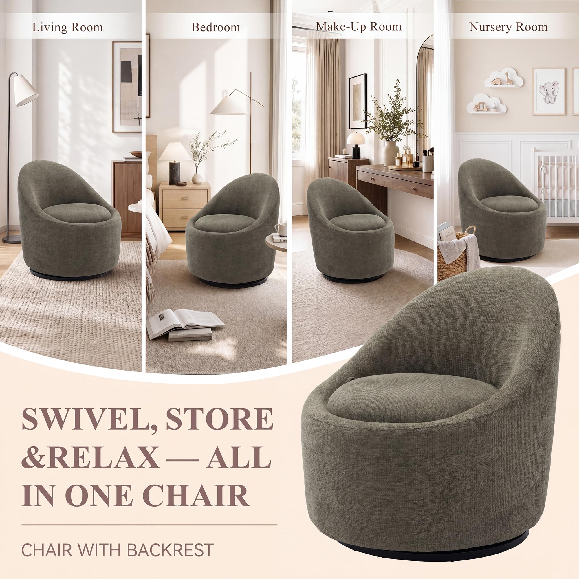 Barrel Swivel Accent Chair with Hidden Storage, 360° Rotating Lounge Chair, Upholstered Breathable Fabric, High Density Foam Seat