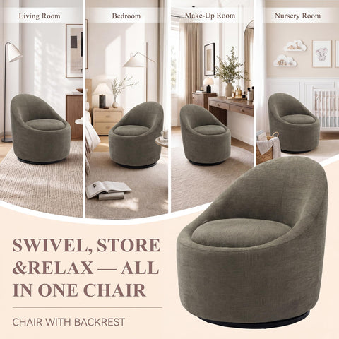 Barrel Swivel Accent Chair with Hidden Storage, 360° Rotating Lounge Chair, Upholstered Breathable Fabric, High Density Foam Seat