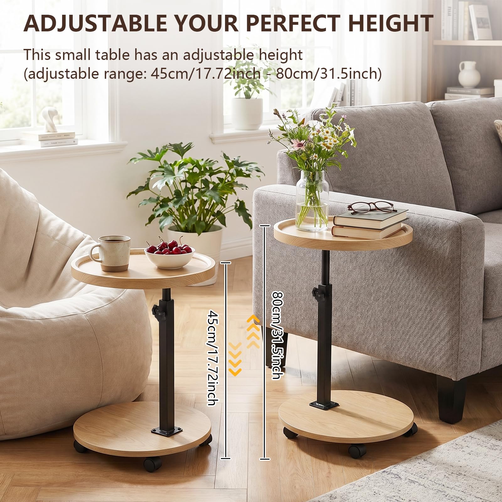 OUAYEMEL Side Table Adjustable Height, 360°Swivel End/Bedside Tables with Wheels for Sofa Bedroom Office Living Room, Coffee Tables for Small Spaces