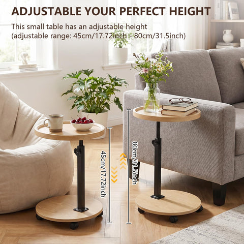 OUAYEMEL Side Table Adjustable Height, 360°Swivel End/Bedside Tables with Wheels for Sofa Bedroom Office Living Room, Coffee Tables for Small Spaces