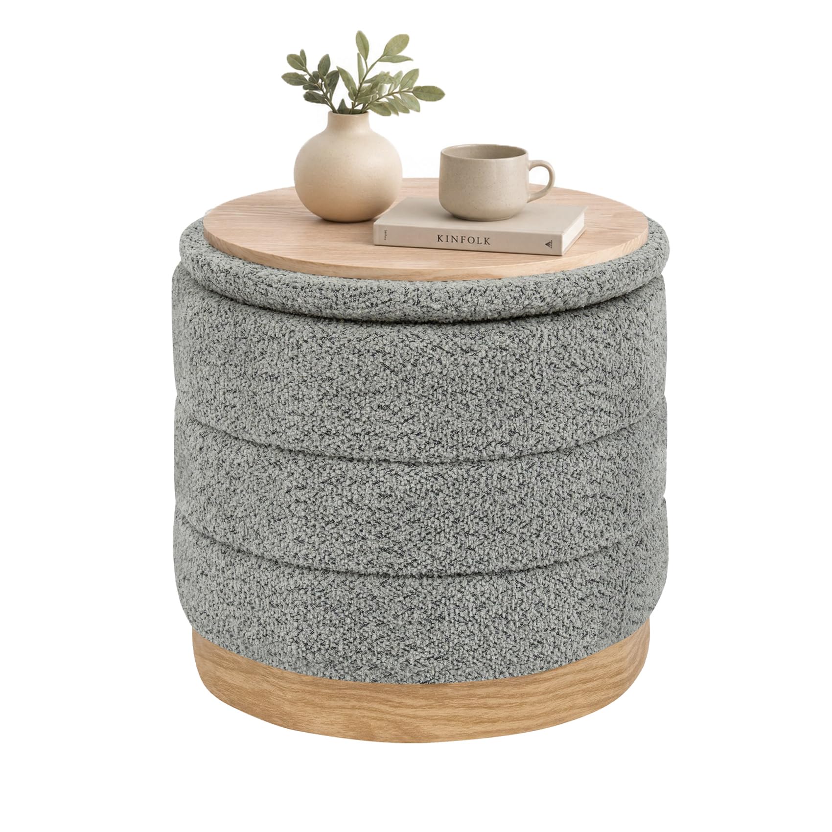 Bonlife Round Chenille Storage Ottoman, Folding Footstool with Table Top,39x39x37cm, Load Capacity 120kg, for Living Room Bedroom Hallway