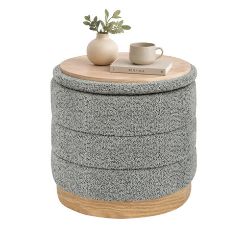 Bonlife Round Chenille Storage Ottoman, Folding Footstool with Table Top,39x39x37cm, Load Capacity 120kg, for Living Room Bedroom Hallway