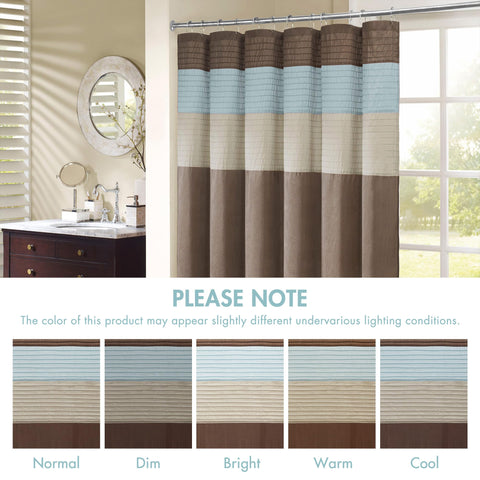 Madison Park Bathroom Shower Faux Silk Pieced Striped Modern Microfiber Bath Curtains, Polyester, Blue, 72" W x 72" L (Pack of 1)