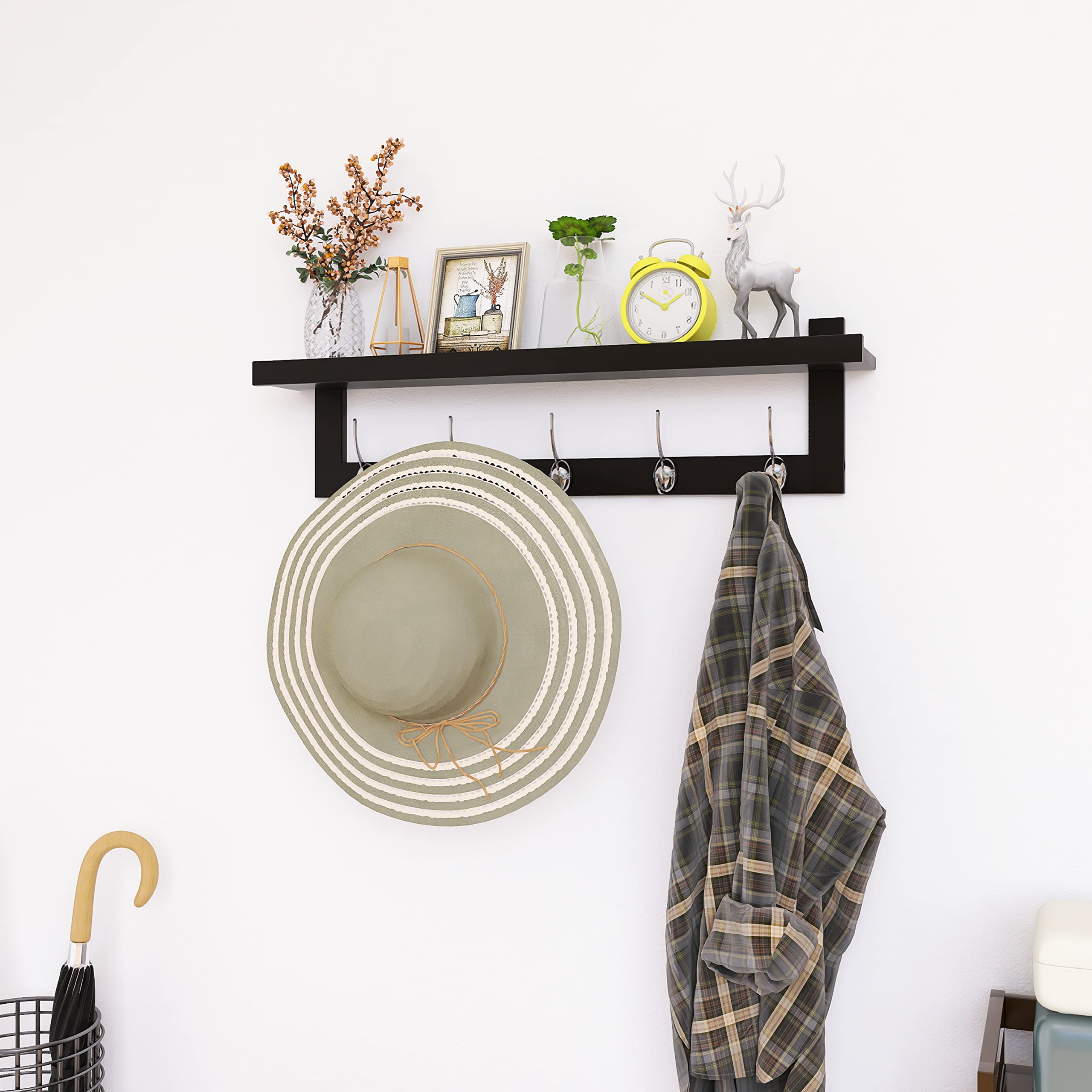 SMIBUY Coat Hooks with Shelf Wall-Mounted, 74 cm Entryway Coat Rack for Wall, Bamboo Hanging Shelf with 5 Double Metal Hooks for Bathroom, Bedroom