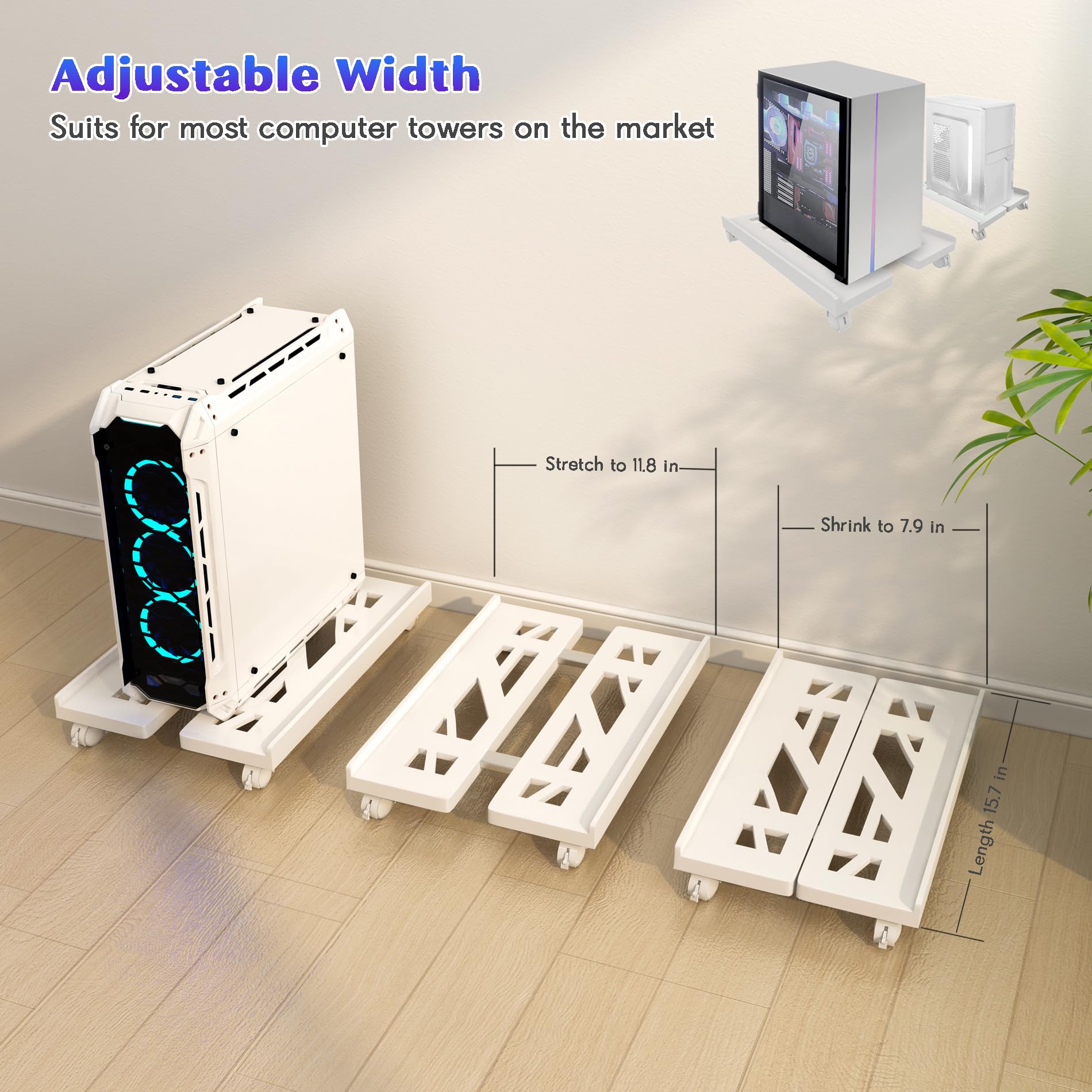 Qcdou Adjustable Mobile CPU Stand - Ventilated Tower Stand with 4 Caster Wheels, Fits Most PC, for Floor Carpet Gaming Case (White)