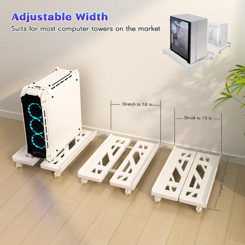 Qcdou Adjustable Mobile CPU Stand - Ventilated Tower Stand with 4 Caster Wheels, Fits Most PC, for Floor Carpet Gaming Case (White)