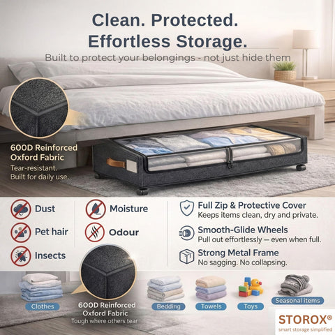 STOROX Under Bed Storage Box with Wheels, 2 Pack, Grey Fabric Rolling Storage with Clear Window, Zippered Underbed Storage for Clothes