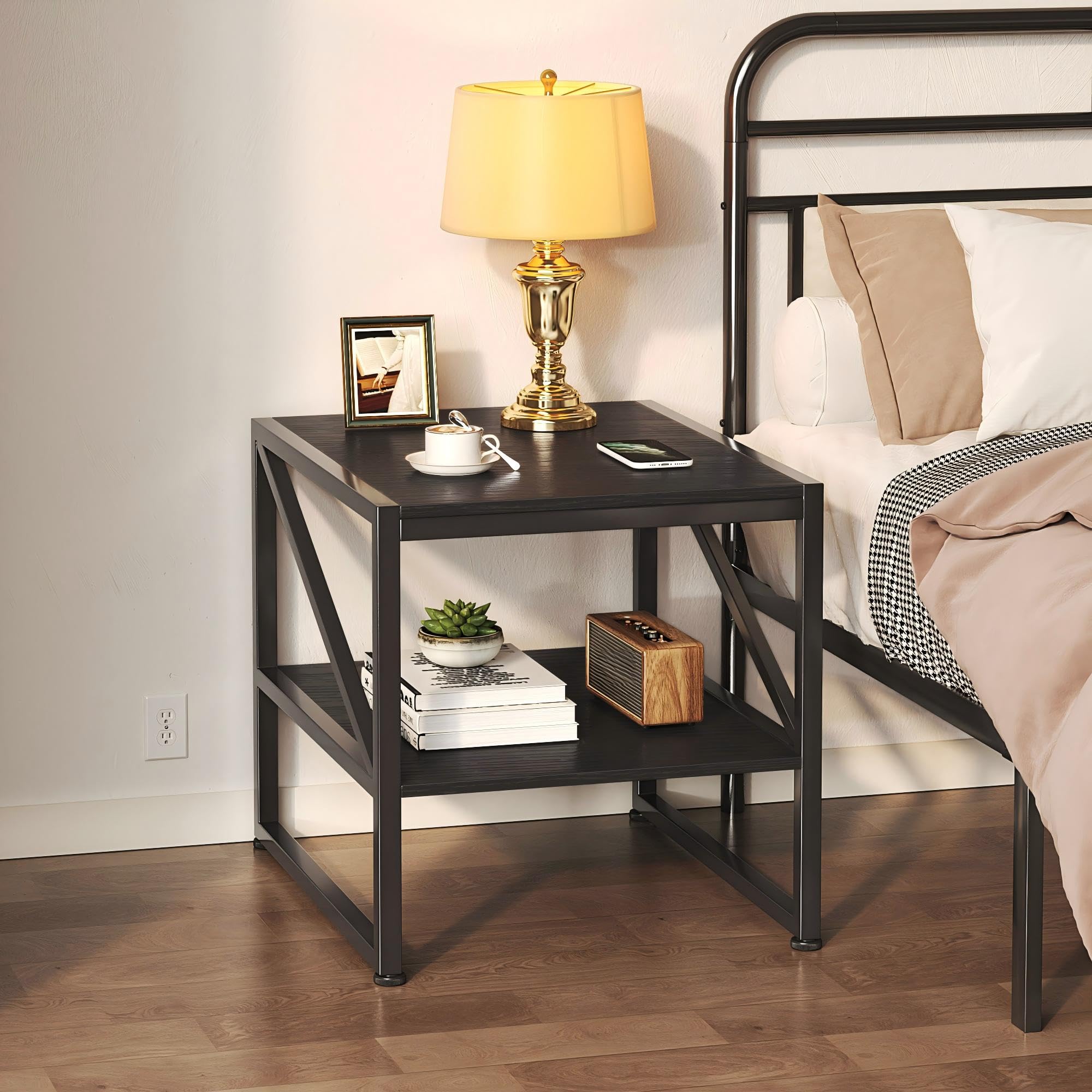 MUTUN 50cm Square End Table, 20 Inch Side Table for Living Room, Bedside Table for Bedroom, Nightstand, Small Table, Black